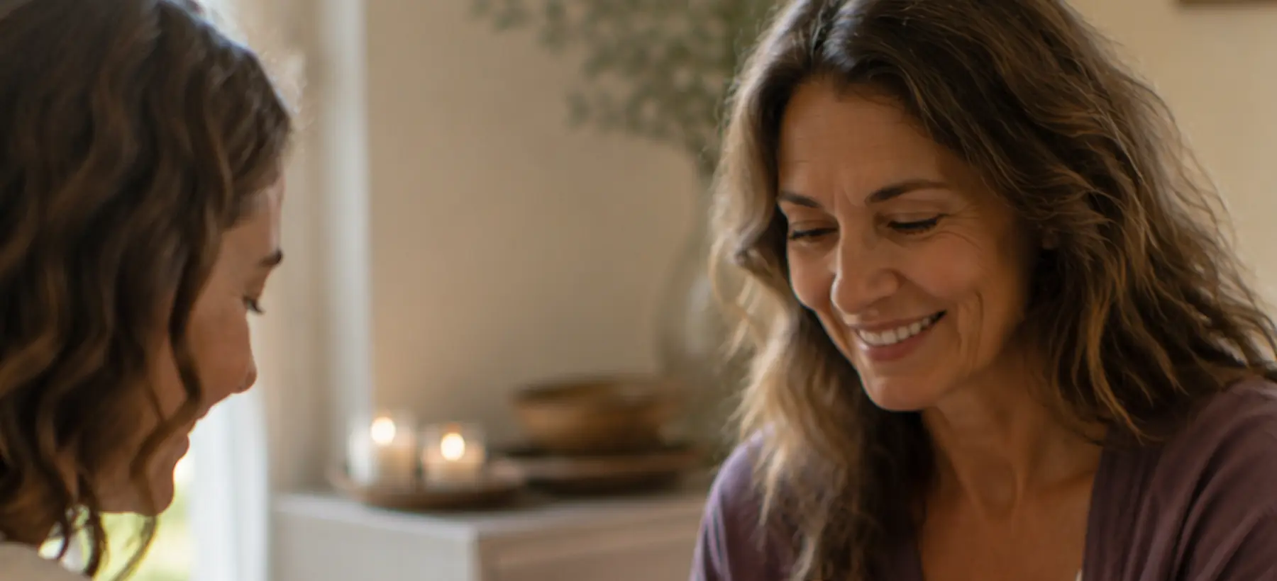 Two women sharing a bottle of essential oil in a bright kitchen
